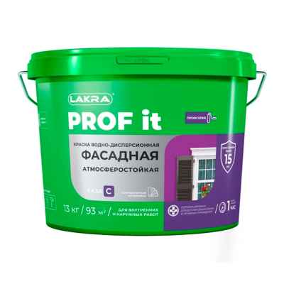Краска ЛАКРА PROF IT в/д фасадная акриловая износоустойчивая матовая, база С, 13кг