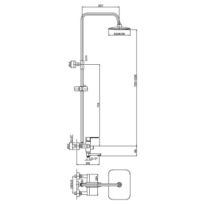 HB2402 Haiba Смеситель д/душа со стойкой, плоский пов.излив, верх.душ, руч.лейка, кар.35мм, хром