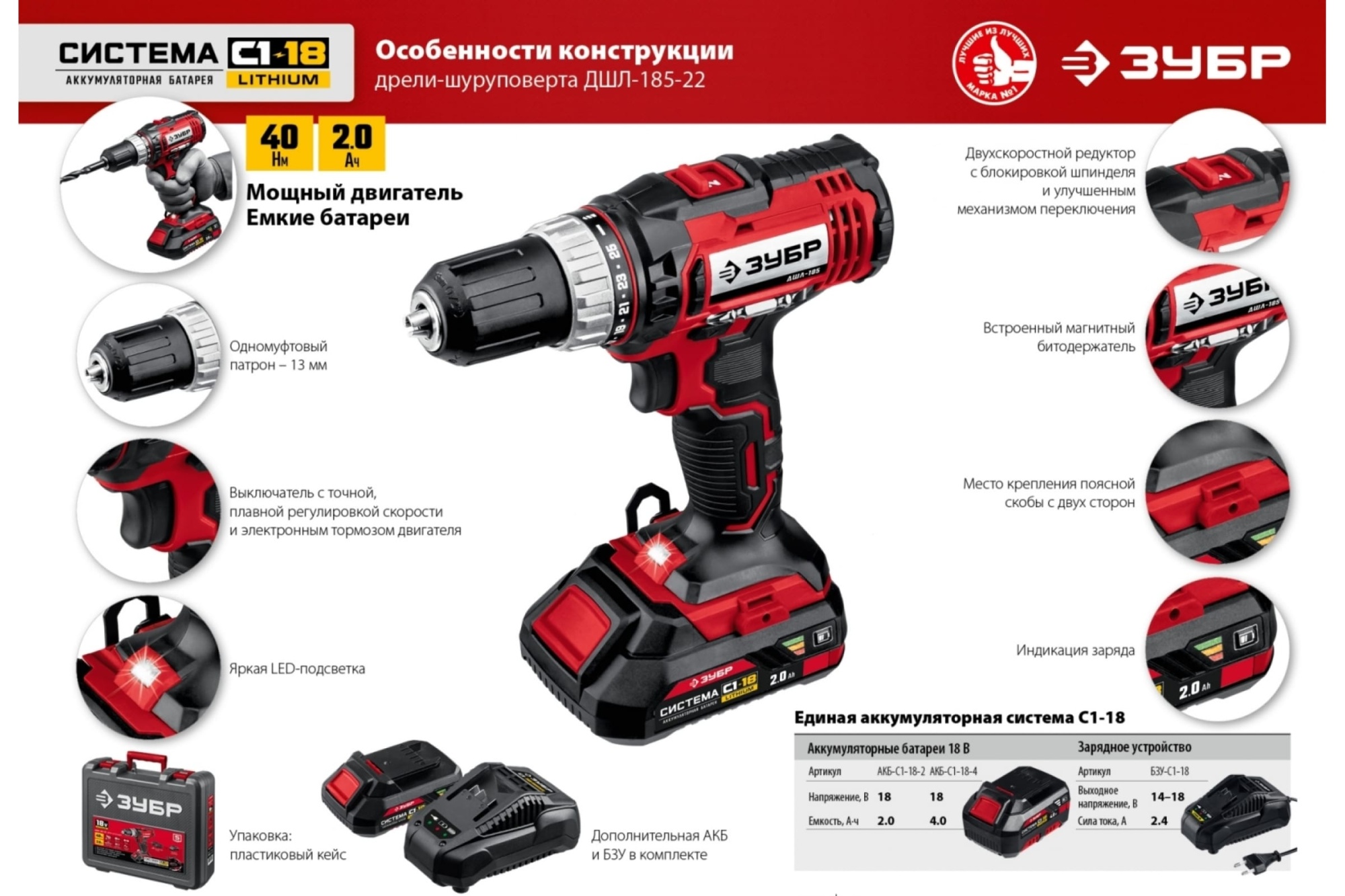 Дрель-шуруповерт ДШЛ-185-22 2 АКБ ЗУБР в кейсе