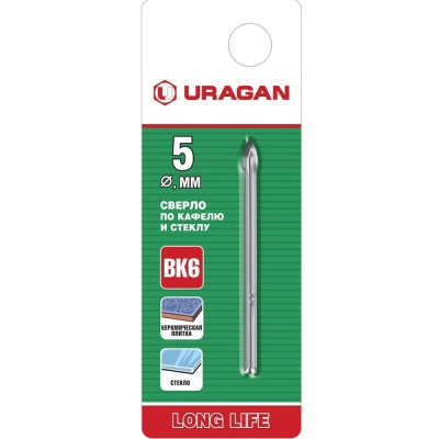 Сверло по стеклу и кафелю 5мм с цилиндрическим хвостиком URAGAN 29830-05