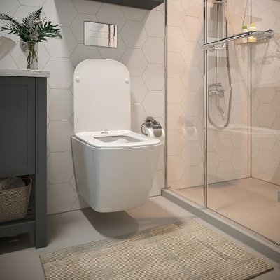 Унитаз подвесной безободковый WAVE QUADRO сиденье дюропласт, микролифт белый глянец (XL)